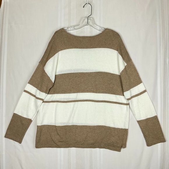 Rag Poets Women’s Sweater Lg Tan Cream Stripe Long Sleeve High Low Hem Casual - Picture 2 of 8
